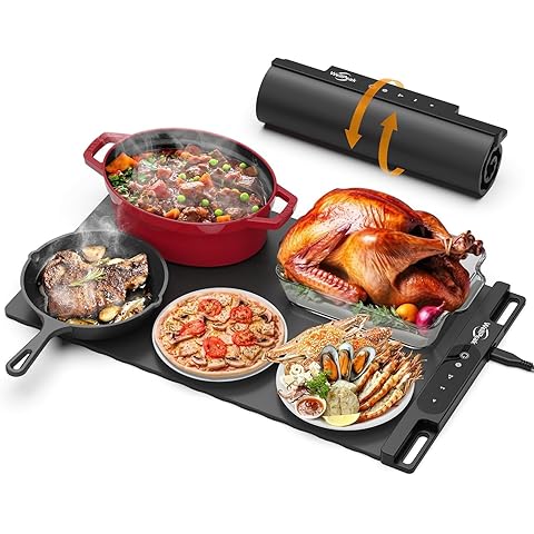 Flexible Heated Board showcasing various dishes including meats and vegetables on a foldable warming tray.