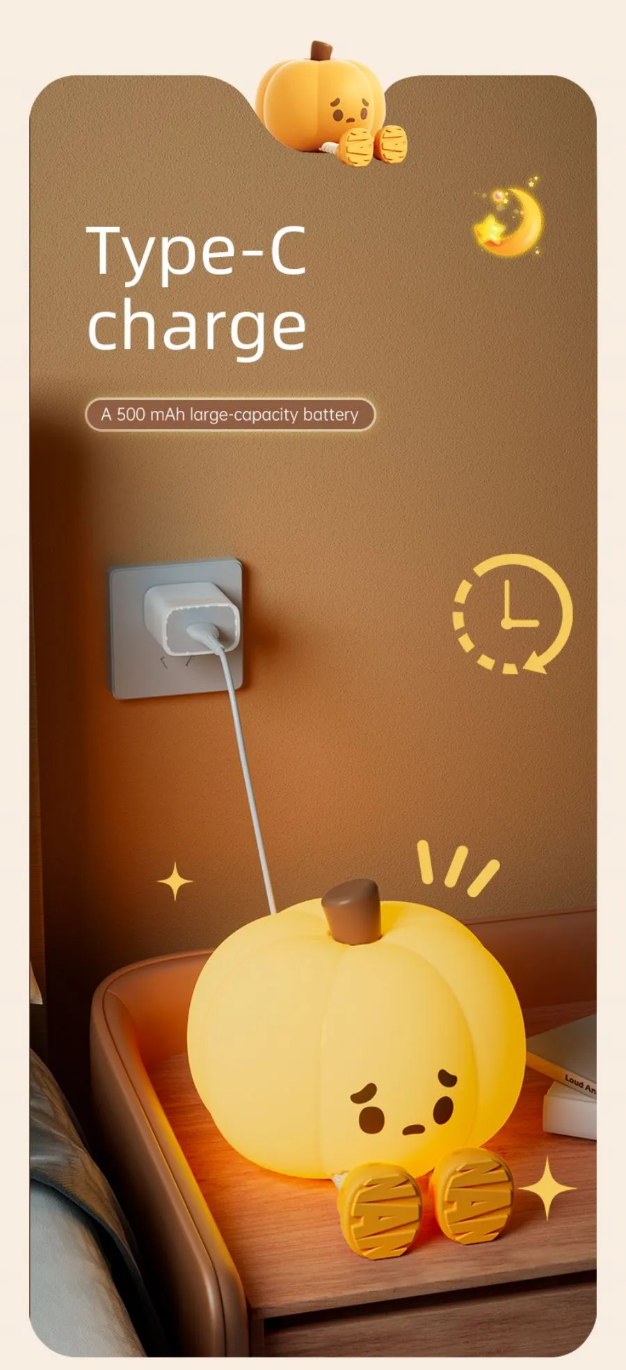 Cute Pumpkin Silicone Night Light – Dimmable USB Rechargeable Lamp