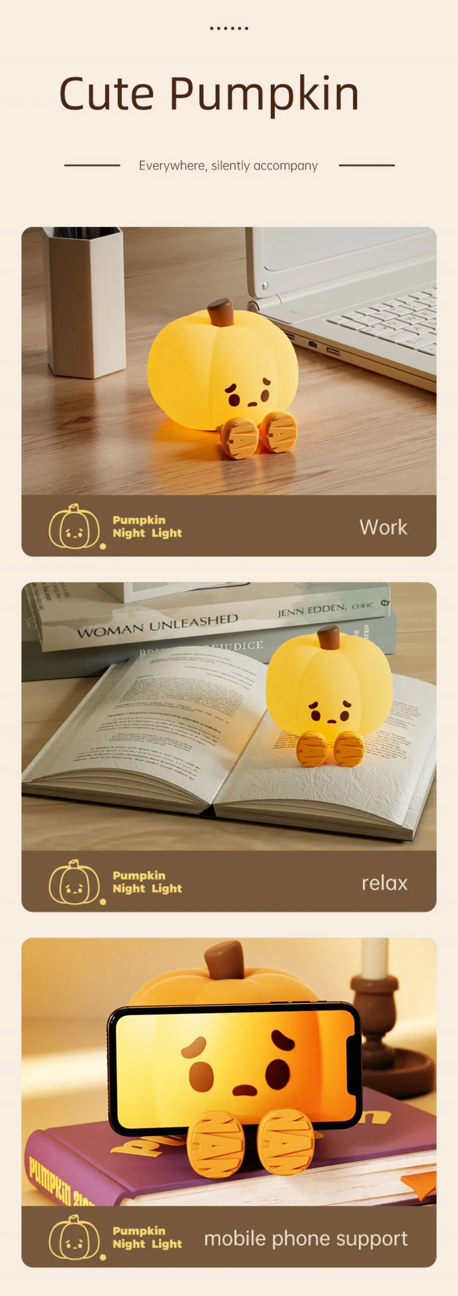 Cute Pumpkin Silicone Night Light – Dimmable USB Rechargeable Lamp