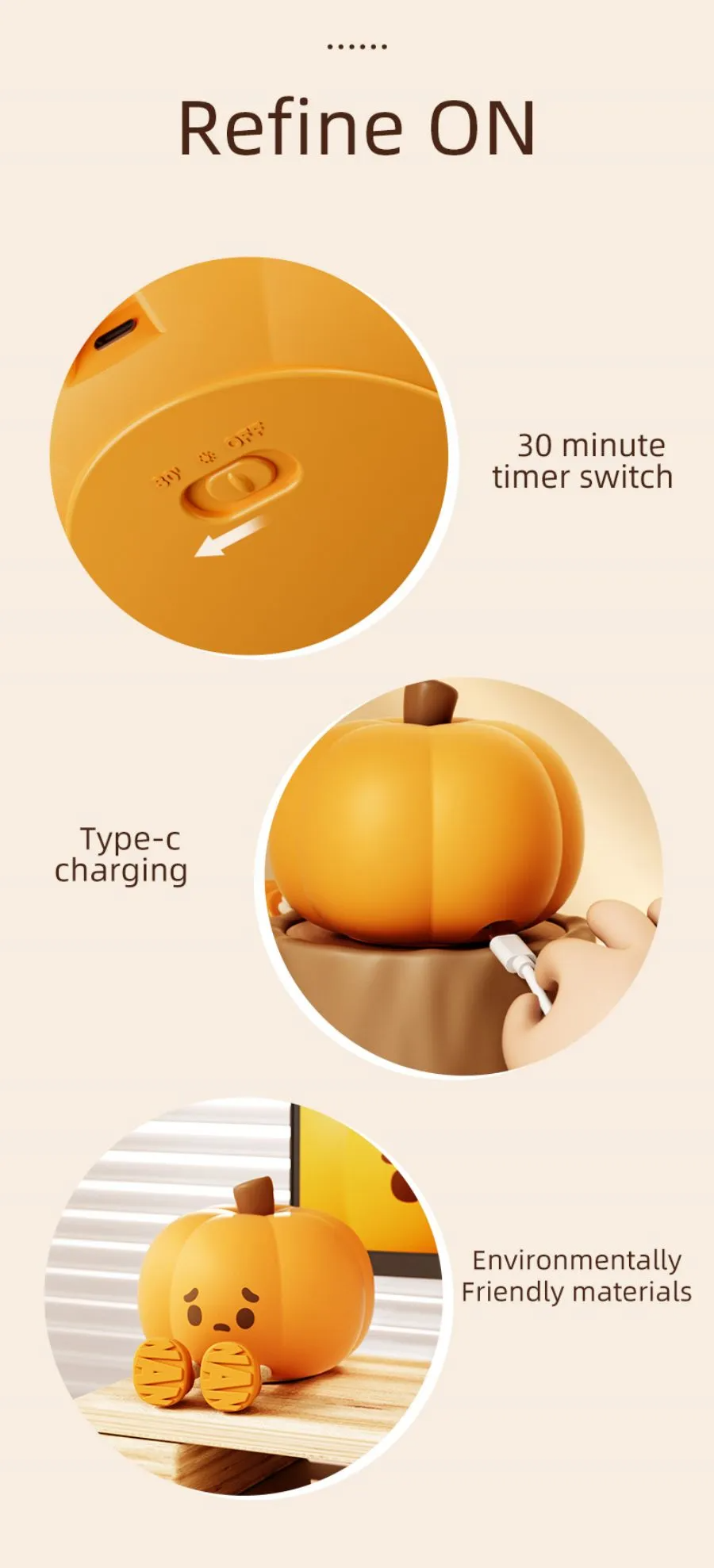 Cute Pumpkin Silicone Night Light – Dimmable USB Rechargeable Lamp