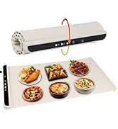 Flexible Heated Board – Foldable Nano-Silicone Warming Tray with various hot foods shown.