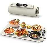 Flexible Heated Board with various dishes including pasta, pizza, and chicken on a foldable warming tray.