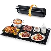 Flexible Heated Board showcasing a foldable warming tray with food and beverages, ideal for quick heating.