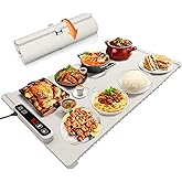Flexible Heated Board with various dishes, showcasing its foldable nano-silicone warming functionality.