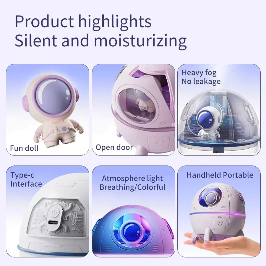 220mL Space Capsule Air Humidifier - USB Rechargeable Mist Aromatherapy Diffuser with 7 Color LED Light