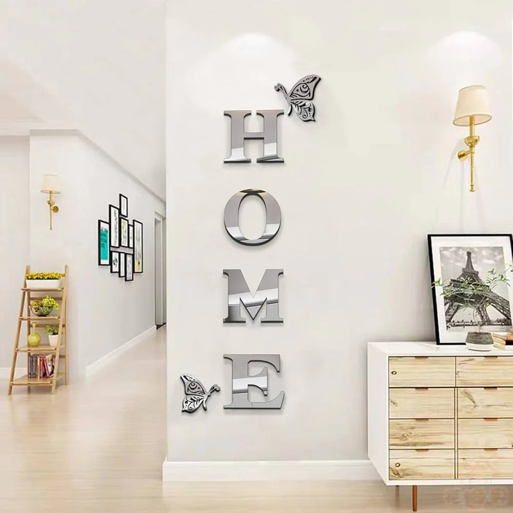 3D Acrylic HOME Letter Wall Decor with Butterfly – Mirror Wall Art