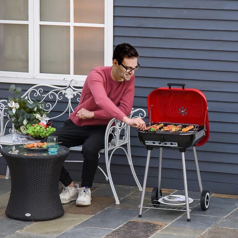 Charcoal BBQ Grill with Wheels & Storage Shelf — Outdoor Grilling Made Easy